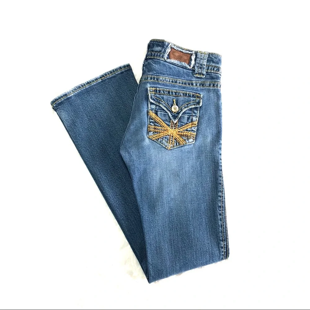 Vigoss Bootcut Jeans Medium Wash Size 28 5/6 EUC Embroidered Pockets Y2K Denim